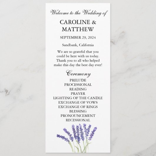 Lavendel Lila Wasserfarbe Rustikale Hochzeit Programm (Vorderseite)