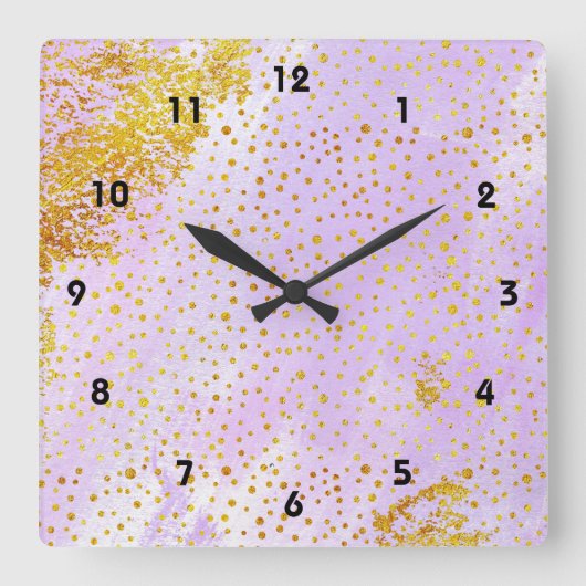 Lavendel lila Wasserfarbe und Goldfolie Confetti Quadratische Wanduhr (Vorderseite)