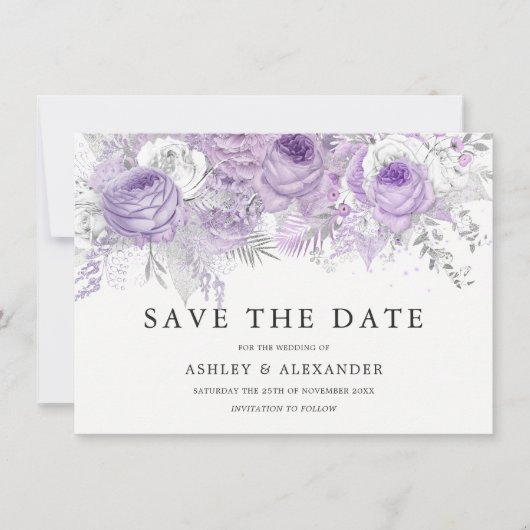 Lavendel Lila White Silver Blume Save the Date (Vorderseite)