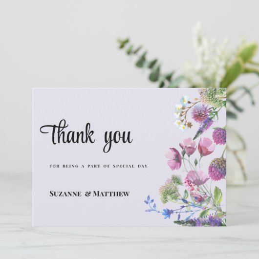 Lavendel lila Wildblume Spring Danke Einladung (Stehend Vorderseite)