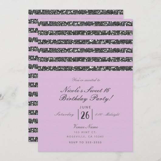 Lavendel Lilac Lila Silver Glitzer Streifen Party Einladung (Vorne/Hinten)
