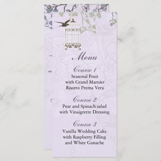 Lavendel Lilac Vintage Vogelkäfigvögel Hochzeit Menükarte (Vorne/Hinten)