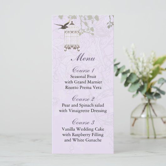 Lavendel Lilac Vintage Vogelkäfigvögel Hochzeit Menükarte (Stehend Vorderseite)