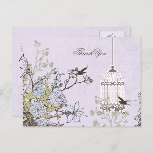 Lavendel Lilac Vintage Vogelkäfigvögel Hochzeit Postkarte (Vorne/Hinten)