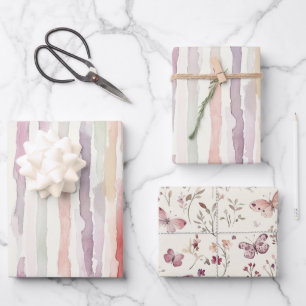 Lavendel-Melone Rosa Weiße Streifen Geburtstag Geschenkpapier Set
