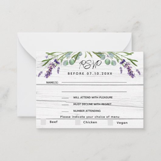 Lavendel Menü QR Code Hochzeit RSVP Reaktion Mitteilungskarte (Vorderseite)
