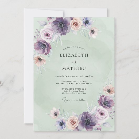 Lavendel-Mint-Anemonen-Hochzeit Einladung (Vorderseite)
