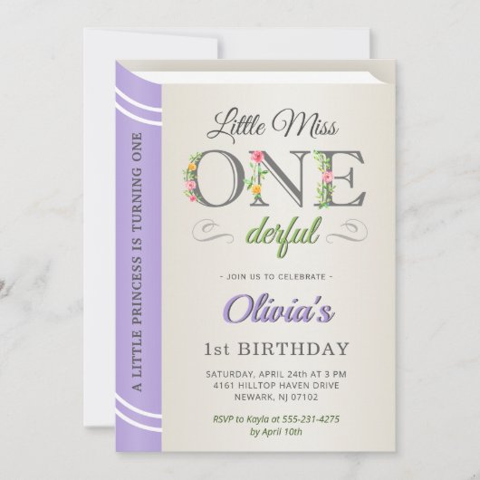 Lavendel Miss Onederful Girl 1. Geburtstag Einladung (Vorderseite)