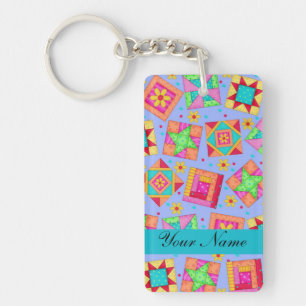 Lavendel mit bunten Quilt Blocks & Personalisiert Schlüsselanhänger