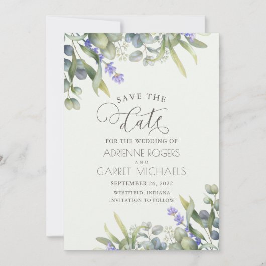 Lavendel mit Eukalyptus & Greenery Wedding Save The Date (Vorderseite)