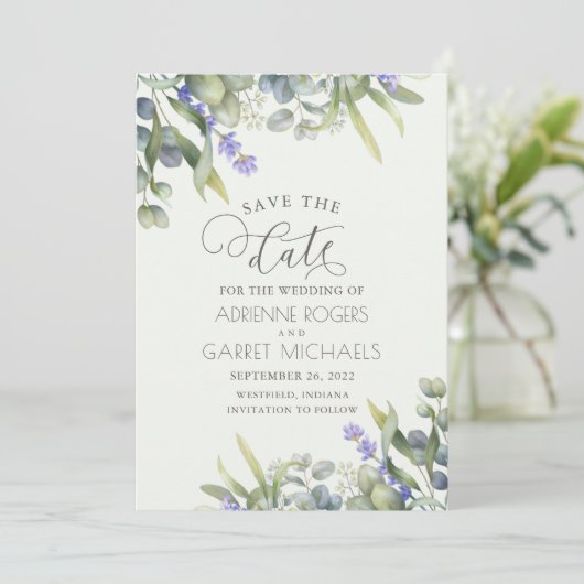Lavendel mit Eukalyptus & Greenery Wedding Save The Date (Stehend Vorderseite)