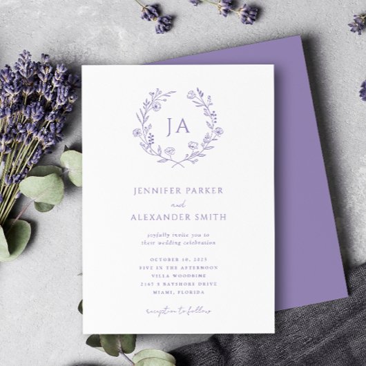 Lavendel-Monogramm-Hochzeit Einladung