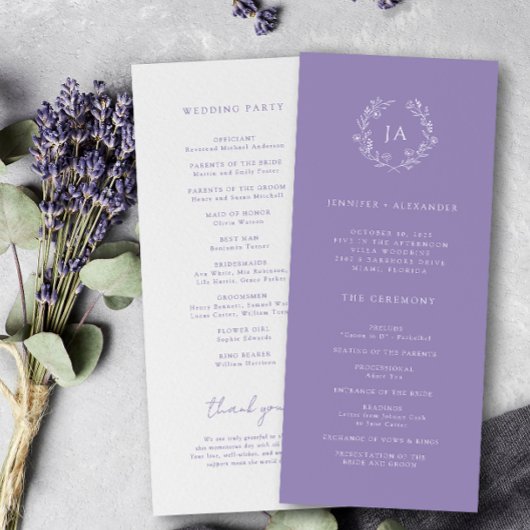 Lavendel-Monogramm-Hochzeit Programm