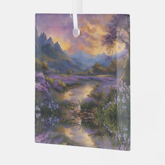 Lavendel Mountain Valley in der Morgendämmerung Ornament Aus Glas (Vorderseite links)