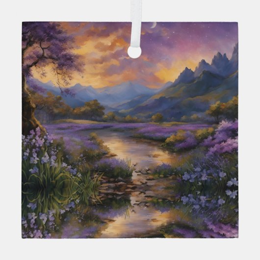 Lavendel Mountain Valley in der Morgendämmerung Ornament Aus Glas (Rückseite)