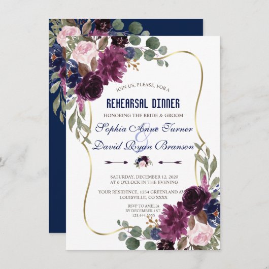 Lavendel Navy Gold Blumendell Probe Abendessen Einladung (Vorne/Hinten)