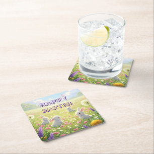 Lavendel Ostern Süßer Weißer Hase Floral Frühling Rechteckiger Pappuntersetzer