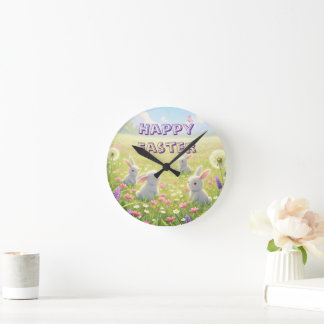 Lavendel Ostern Süßer Weißer Hase Floral Frühling Runde Wanduhr