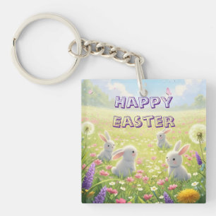 Lavendel Ostern Süßer Weißer Hase Floral Frühling Schlüsselanhänger