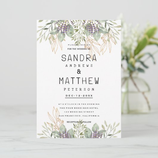 Lavendel Pfefferminzgold Glitzer Blumenzehen Einladung (Stehend Vorderseite)