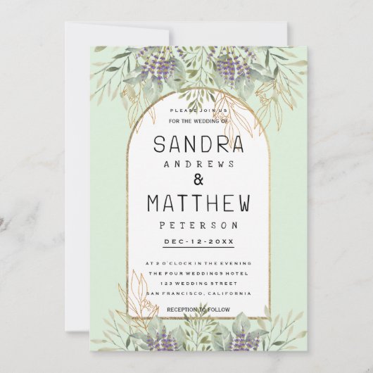 Lavendel Pfefferminzgold Glitzer Blumenzehen Einladung (Vorderseite)