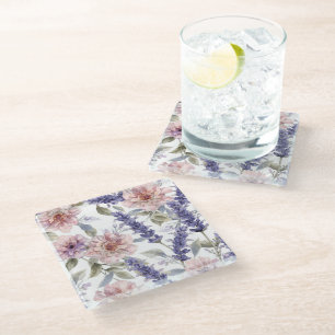 Lavendel-Pfingstrose-Wasserfarben-Blumengarten Glasuntersetzer