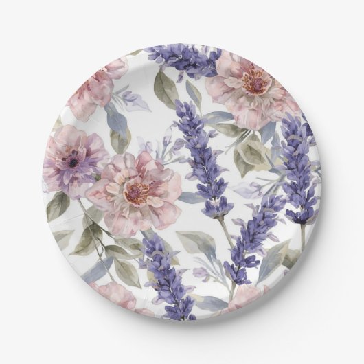 Lavendel-Pfingstrose-Wasserfarben-Blumengarten Pappteller (Vorderseite)