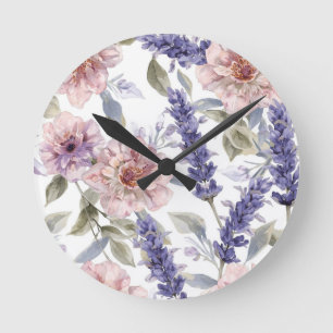 Lavendel-Pfingstrose-Wasserfarben-Blumengarten  Runde Wanduhr