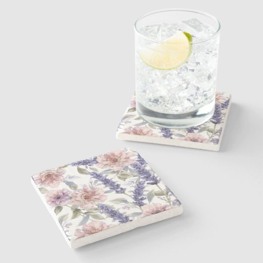 Lavendel-Pfingstrose-Wasserfarben-Blumengarten Steinuntersetzer (Seitenansicht)