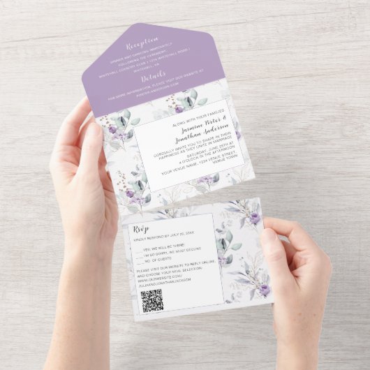 Lavendel Pfingstrosen, weiße Rosen Florale Hochzei All In One Einladung (Abreißen)