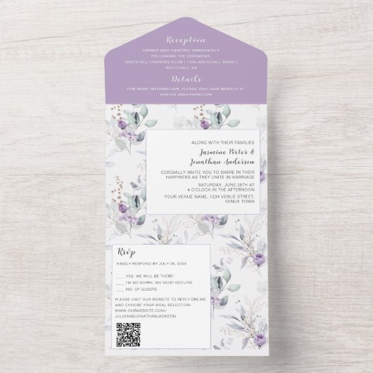 Lavendel Pfingstrosen, weiße Rosen Florale Hochzei All In One Einladung (Innen Boden)