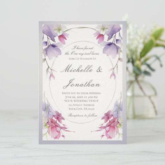 Lavendel Pink Blume Bibel Christliche Hochzeit Einladung (Stehend Vorderseite)