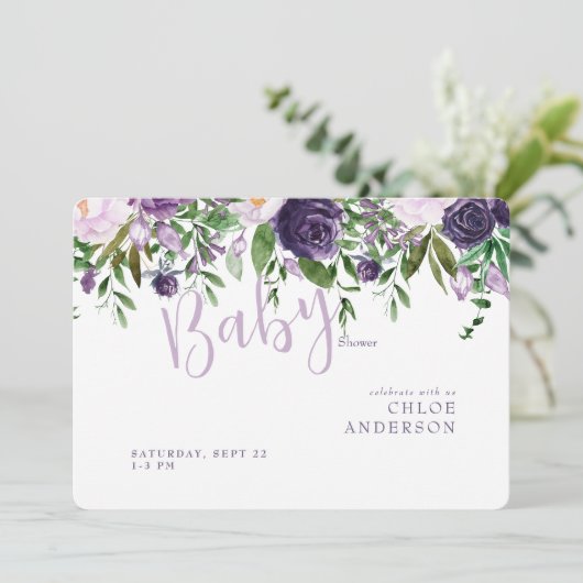 Lavendel & Pink Floral Baby Dusche einladen Einladung (Stehend Vorderseite)
