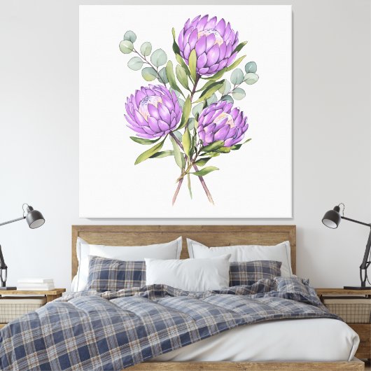 Lavendel-Protea-Botanik-Aquarell Leinwanddruck (Insitu (Schlafzimmer))