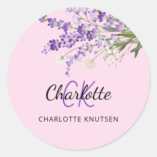 Lavendel-Rosa-Blüten mit Monogramm Runder Aufkleber (Vorderseite)