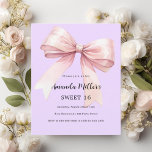 Lavendel Rosa Bug 16 Einladung<br><div class="desc">Ein weicher Lavendel,  lila Hintergrund,  mit einem großen rosa Bogen verziert. Personalisieren und fügen Sie einen Namen und Party-Details hinzu. 1 Blatt = 1 Einladung mit Druckkante bis Kante.</div>