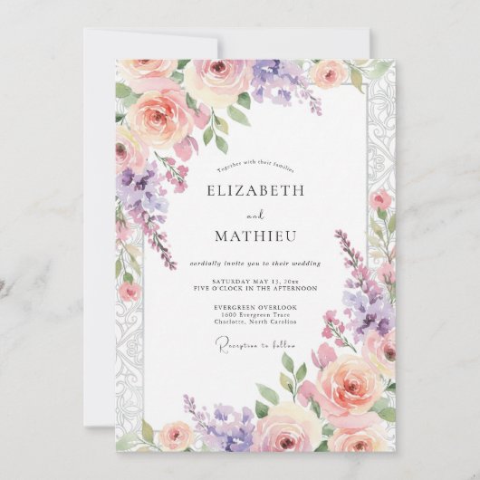 Lavendel-Rosa Florale Whimsy-Hochzeit Einladung (Vorderseite)