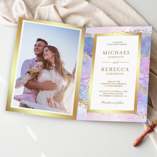Lavendel Rosa Gold Achat Marmor QR Code Hochzeit Einladung