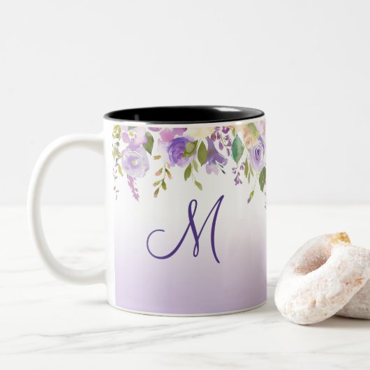 Lavendel Rosa Moss Green Monogram & Name Floral Zweifarbige Tasse (Mit Donut)
