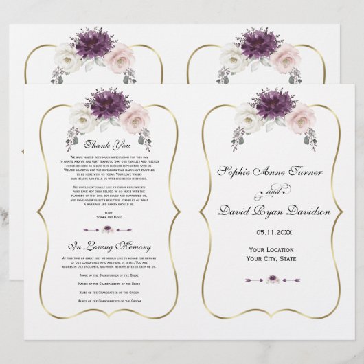 Lavendel Rosa White Floral Gold Hochzeitsprogramm (Vorne/Hinten)