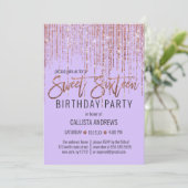 Lavendel Rose Gold Glitzer Fringe Vorhang Sweet 16 Einladung (Stehend Vorderseite)