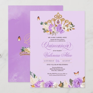 Lavendel Rose Goldprinzessin Butterfly Quinceañera Einladung