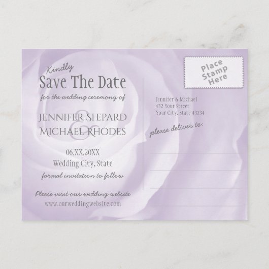 Lavendel-Rose, schlichte Hochzeit Save the Date Ankündigungspostkarte (Rückseite)