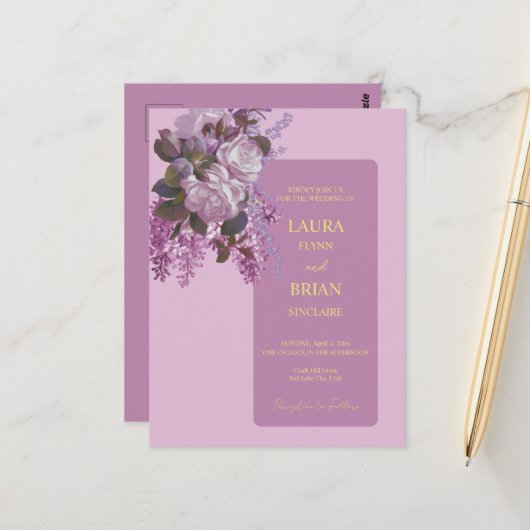Lavendel, Rose und Lilacs, Budget Wedding Postkarte (Vorderseite/Rückseite Beispiel)