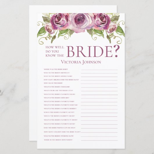 Lavendel Rose Wie gut kennen Sie die Braut? (Vorne/Hinten)