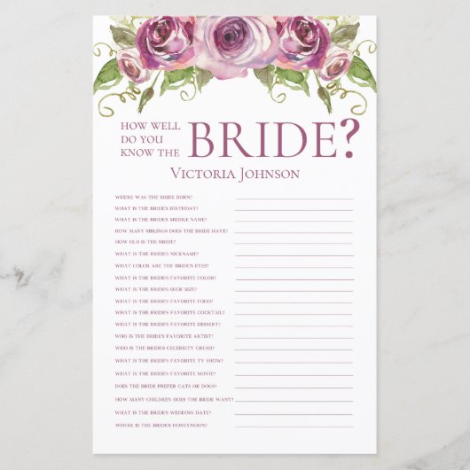 Lavendel Rose Wie gut kennen Sie die Braut? (Vorderseite)