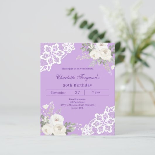 Lavendel Roses Geburtstagseinladung (Stehend Vorderseite)