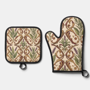 Lavendel-Rosmarin-Gold-Rollenmuster  Ofenhandschuh & Topflappen-Set