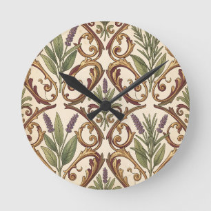 Lavendel-Rosmarin-Gold-Rollenmuster  Runde Wanduhr