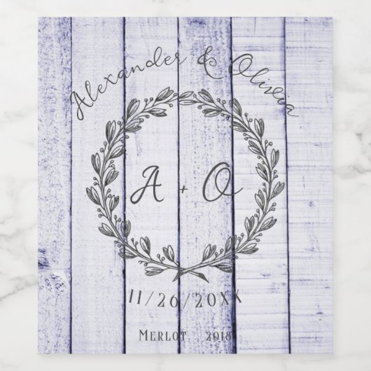 Lavendel Rustic Monogram Wedding Wine Label Weinetikett (Einzelnes Label)